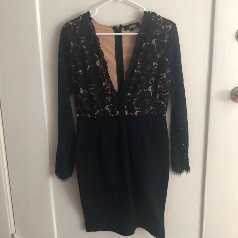 Deep Plunge long sleeve Lace Sheath dress